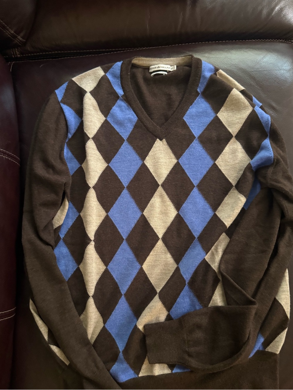 Men's Brown & Blue Argyle V-Neck Merino wool Sweater